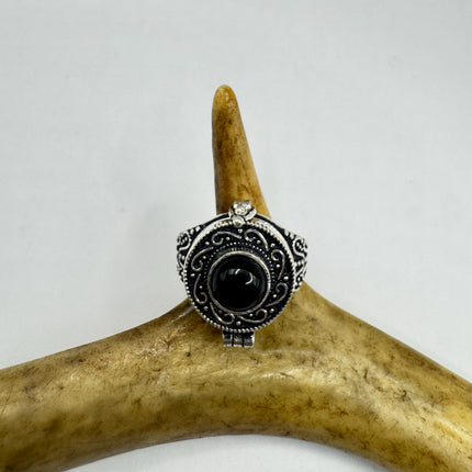 Vintage Poison Ring, Black Onyx Silver Bronze