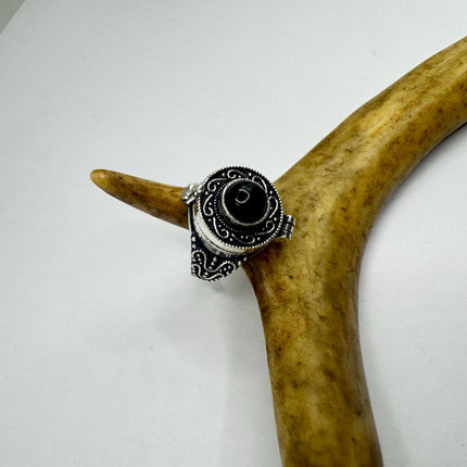 Vintage Poison Ring, Black Onyx Silver Bronze