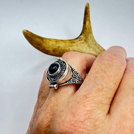 Vintage Poison Ring, Black Onyx Silver Bronze