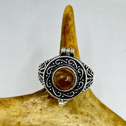 Vintage Poison Ring Tigers Eye Silver Bronze Pill Box Statement Ring