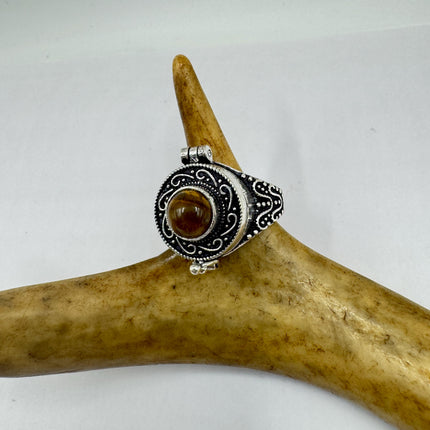 Vintage Poison Ring Tigers Eye Silver Bronze Pill Box Statement Ring