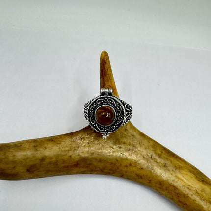 Vintage Poison Ring Tigers Eye Silver Bronze Pill Box Statement Ring