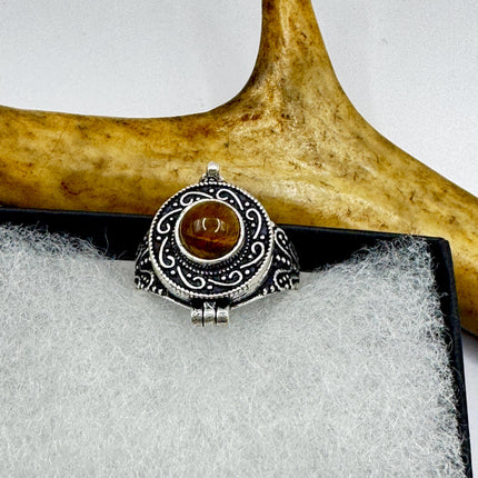 Vintage Poison Ring Tigers Eye Silver Bronze Pill Box Statement Ring