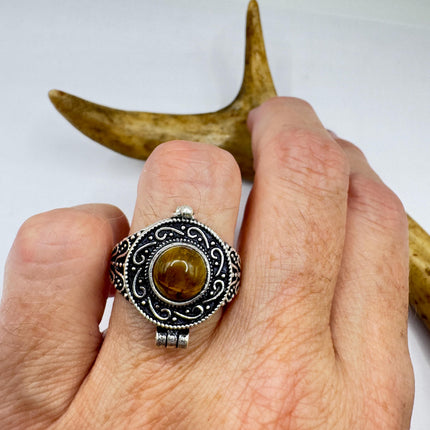 Vintage Poison Ring Tigers Eye Silver Bronze Pill Box Statement Ring