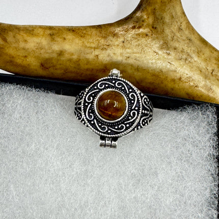 Vintage Poison Ring Tigers Eye Silver Bronze Pill Box Statement Ring