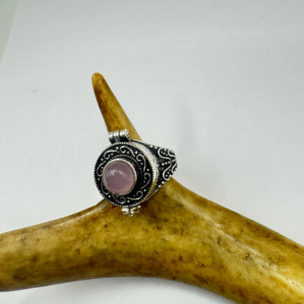Vintage Silver Bronze Poison Ring | Rose Quartz | Statement Ring