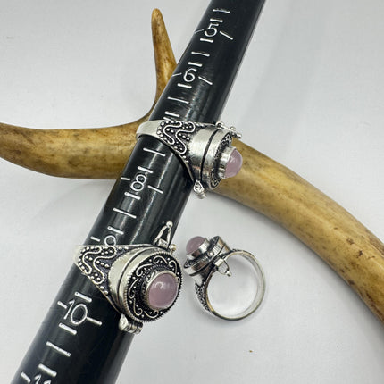Vintage Silver Bronze Poison Ring | Rose Quartz | Statement Ring