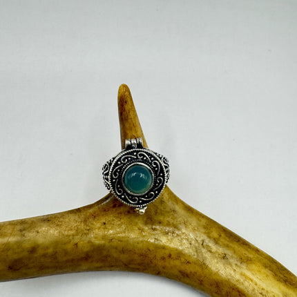 Vintage Silver Bronze Poison Ring Blue Chalcedony Statement Ring