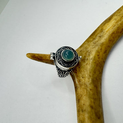 Vintage Silver Bronze Poison Ring Blue Chalcedony Statement Ring