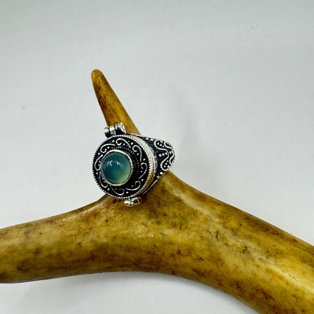 Vintage Silver Bronze Poison Ring Blue Chalcedony Statement Ring