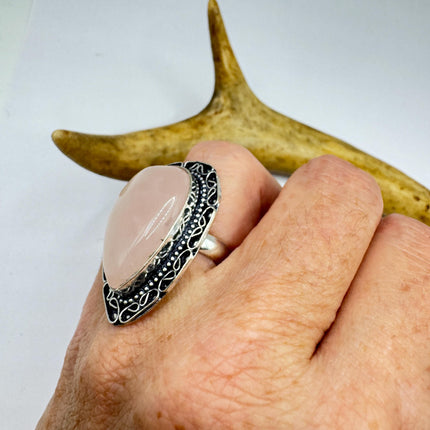 Vintage Rose Quartz Ring: Silver Bronze Boho Statement Ring