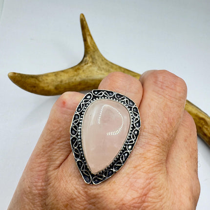 Vintage Rose Quartz Ring: Silver Bronze Boho Statement Ring
