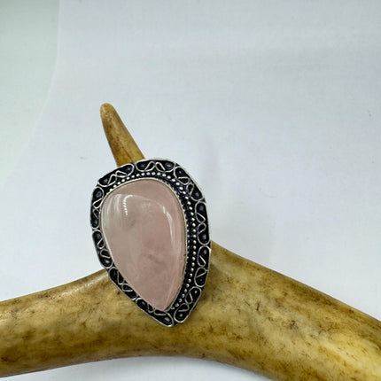 Vintage Rose Quartz Ring: Silver Bronze Boho Statement Ring