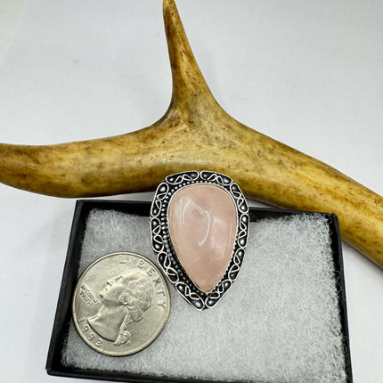 Vintage Rose Quartz Ring: Silver Bronze Boho Statement Ring