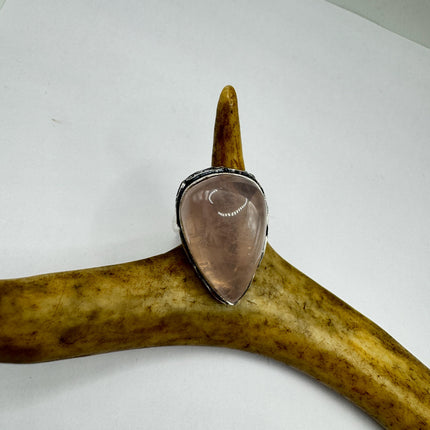 Vintage Rose Quartz Ring: Silver Bronze Boho Statement Ring