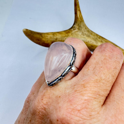 Vintage Rose Quartz Ring: Silver Bronze Boho Statement Ring