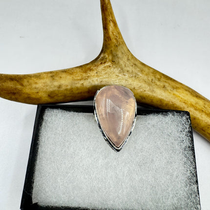 Vintage Rose Quartz Ring: Silver Bronze Boho Statement Ring