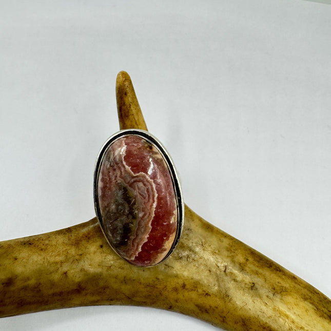 Vintage Silver Bronze Ring Pink Agate Statement Size 7.5