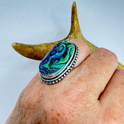 Vintage Abalone Statement Ring - White Bronze, Size 7