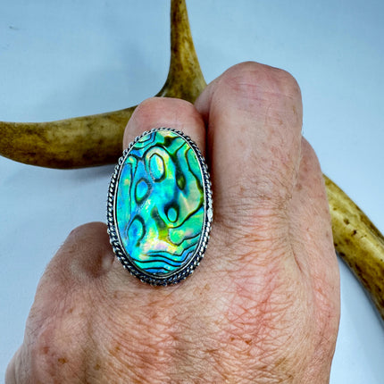 Vintage Abalone Statement Ring - White Bronze, Size 7
