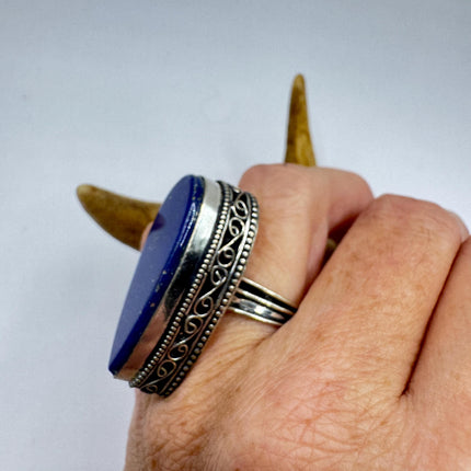 Vintage Boho Blue lapis lazuli Ring Band chunky cocktail ring