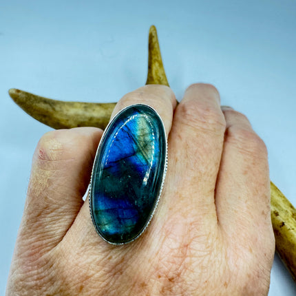 Vintage Chunky Rainbow Labradorite Cocktail Ring - Statement Band