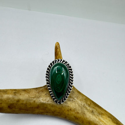 Vintage Silver Bronze Ring: Green Malachite Statement Jewelry