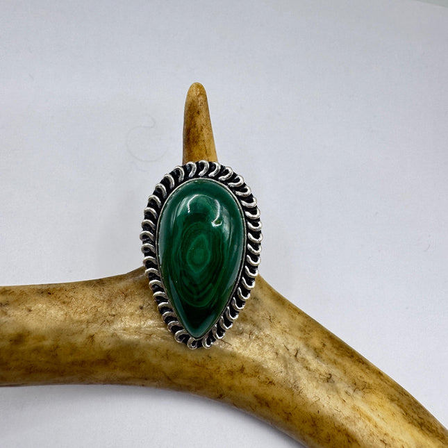Vintage Silver Bronze Ring: Green Malachite Statement Jewelry