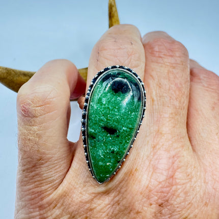 Vintage Green Ruby Zoisite Statement Jewelry Silver Bronze Ring