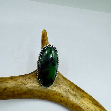 Vintage Green Ruby Zoisite Statement Jewelry Silver Bronze Ring