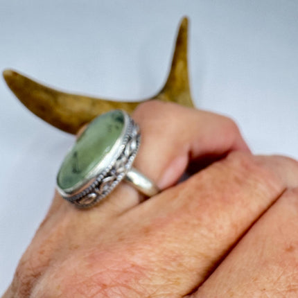 Vintage Green Fluorite Statement Jewelry Silver Bronze Ring