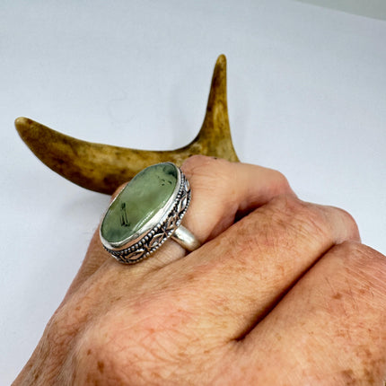Vintage Green Fluorite Statement Jewelry Silver Bronze Ring
