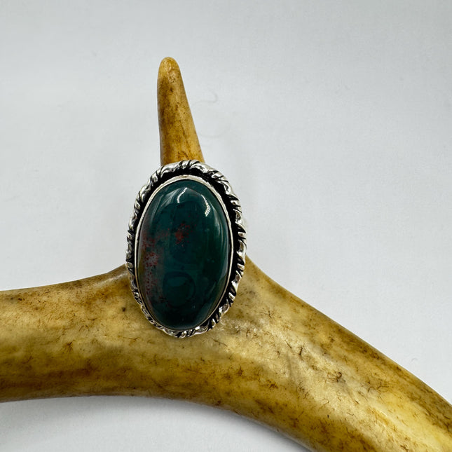 Vintage Green Bloodstone Statement Jewelry Silver Bronze Ring