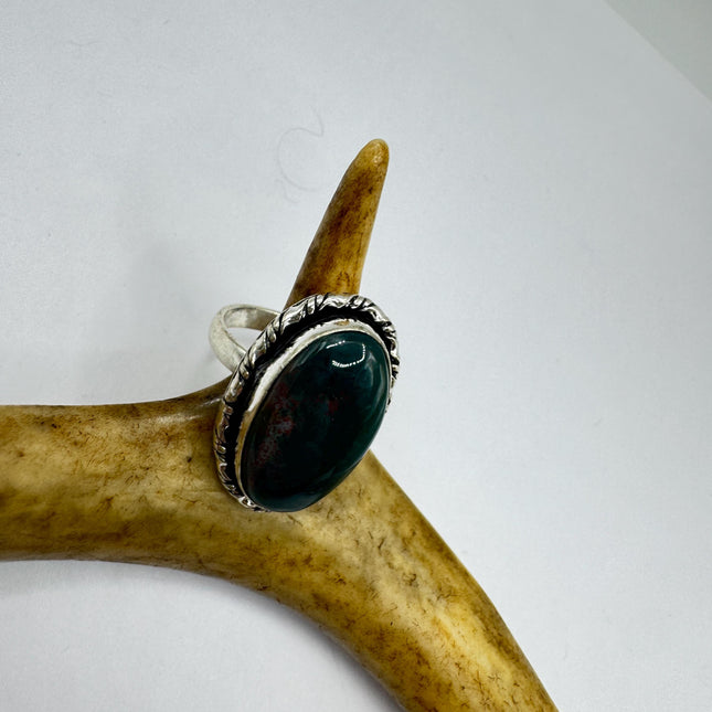 Vintage Green Bloodstone Statement Jewelry Silver Bronze Ring