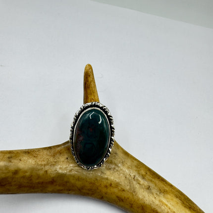 Vintage Green Bloodstone Statement Jewelry Silver Bronze Ring