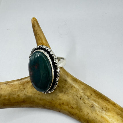 Vintage Green Bloodstone Statement Jewelry Silver Bronze Ring