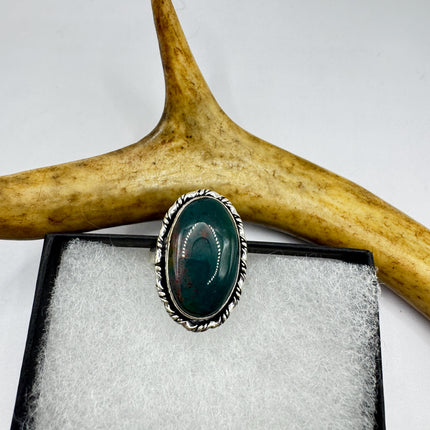 Vintage Green Bloodstone Statement Jewelry Silver Bronze Ring