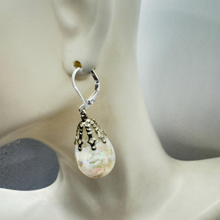 Vintage Pink Fire Floating Opal Earrings 925 Sterling Silver Lever backs