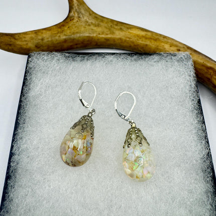 Vintage Pink Fire Floating Opal Earrings 925 Sterling Silver Lever backs