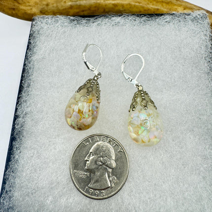 Vintage Pink Fire Floating Opal Earrings 925 Sterling Silver Lever backs