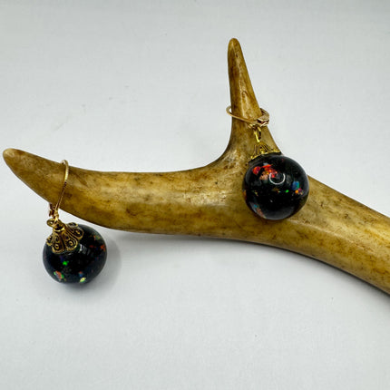 Vintage Black Fire Floating Opal Earrings Gold 925 Sterling Silver Lever backs