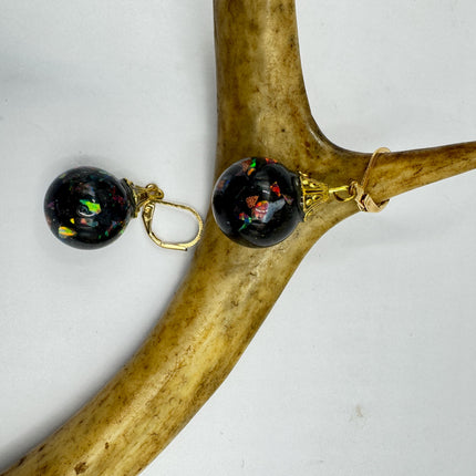 Vintage Black Fire Floating Opal Earrings Gold 925 Sterling Silver Lever backs