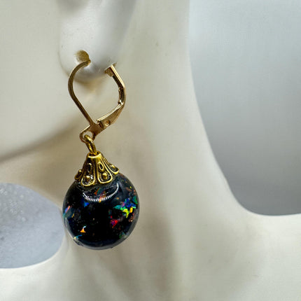 Vintage Black Fire Floating Opal Earrings Gold 925 Sterling Silver Lever backs