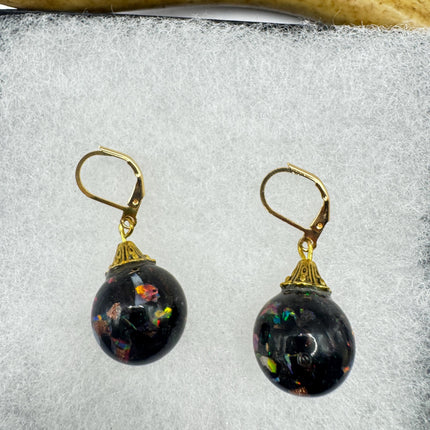 Vintage Black Fire Floating Opal Earrings Gold 925 Sterling Silver Lever backs