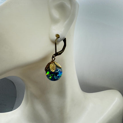 Vintage Black Fire Floating Opal Earrings Gold 925 Sterling Silver Lever backs