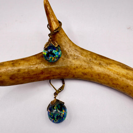 Vintage Black Fire Floating Opal Earrings Gold 925 Sterling Silver Lever backs