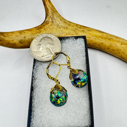 Vintage Black Fire Floating Opal Earrings Gold 925 Sterling Silver Lever backs