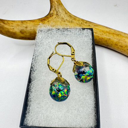 Vintage Black Fire Floating Opal Earrings Gold 925 Sterling Silver Lever backs