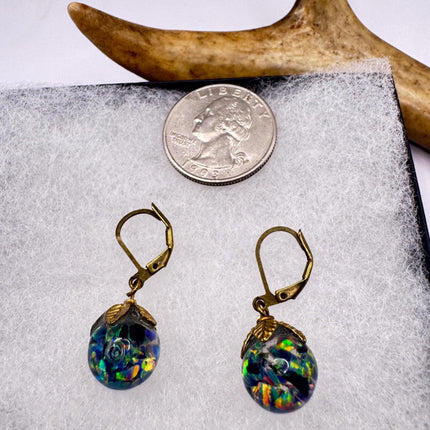 Vintage Black Fire Floating Opal Earrings Gold 925 Sterling Silver Lever backs