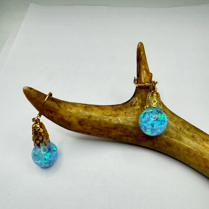 Vintage Black Fire Floating Opal Earrings Gold 925 Sterling Silver Lever backs
